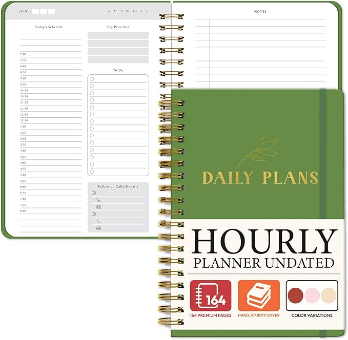 Daily Planner with Hourly Schedule – Aesthetic Spiral To-Do List Notebook for Work, Appointments and Tasks | Undated Daily Planner, Hourly Organizer to Stay Focused, Green