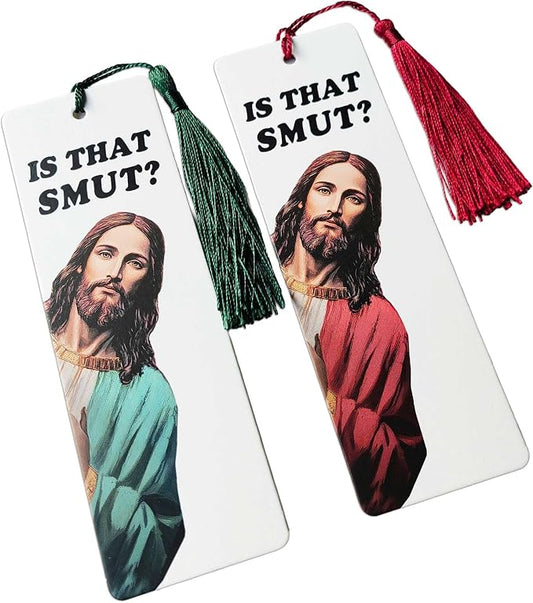 Funny Jesus Bookmark Set “Is That Smut?”, Peeking Jesus Bookmark with Tassel, Humor Bible Reading Accessory for Book Lovers, Novel Readers, Cute Reading Marker Pack of 2 (Red, Green)
