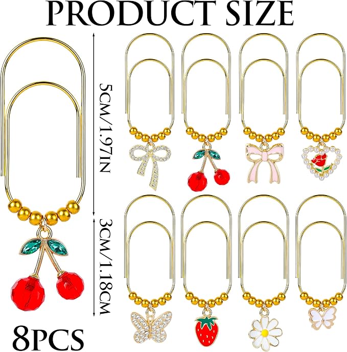 Cute Bow Paper Clips - 8 Pcs Pink Coquettee Cherry Butterfly Large Paperclips Gifts Charm Girly Aesthetic Metal Bookmarks Planner Accessories for Reading Women Girls Book Lovers Birthday