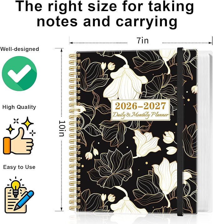 2026-2027 Daily & Monthly Planner Calendar - Daily Planner Calendar One Page Per Day from July 2026 to June 2027, Flexible Cover, 7" x 10", Storage Pocket, White Gold Flower