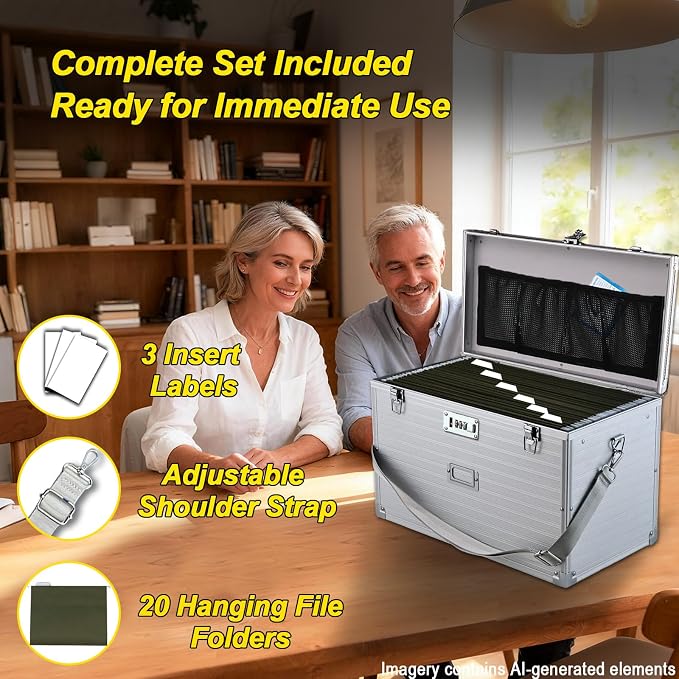 File Storage Cabinet File Organizer Document Organizer File Box in Office and Home with Combination Lock with 20 Legal Size Hanging Files (Stripe Silver)