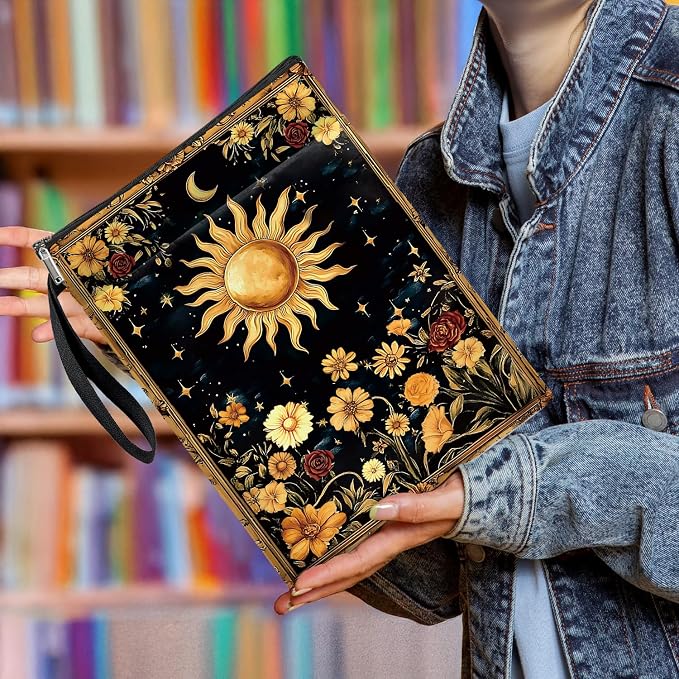 Mystic Sun and Moon Tarot Book Cover, Waterproof Book Sleeve with Zippered Front Pocket Retro Flowers Book Pouch for Book Lovers, Christmas, Birthday, Graduation Gifts (Flower&Moon, Large)