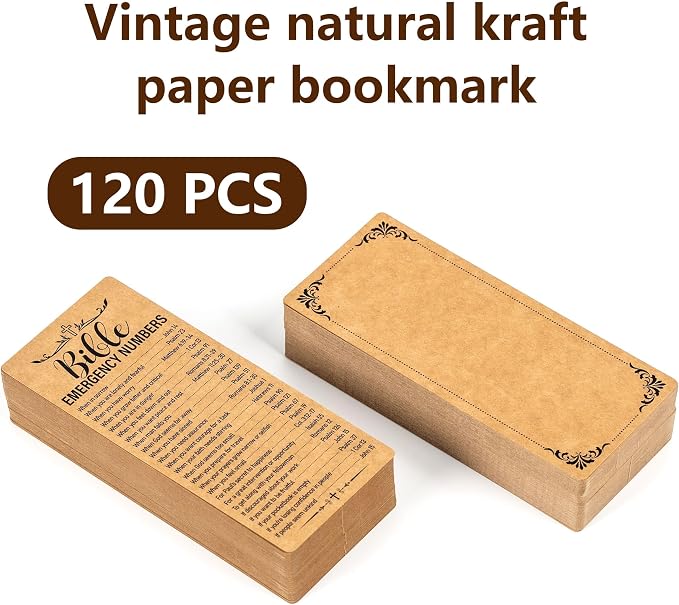 120 Pcs Kraft Paper Bible Emergency Numbers Bookmark Christian Verse Tags for Church Welcome Gifts Sunday School Prayer Reading Rewards 2.28 X 5.31inch