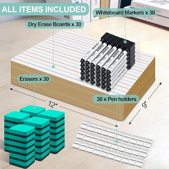30 Pack Small White Boards, 9"x12" Double Sided Personal Dry Erase Boards Portable Handheld Whiteboards with Lines for Kids, Students, Teacher School, Include 30 Markers, 30 Erasers