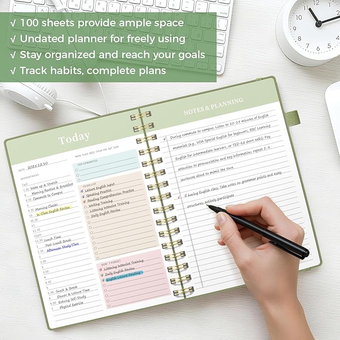 Oucaru Undated Daily Planner, A5 Spiral Notebook with Hourly Schedule, To Do List, Priorities, and Notes for Productivity - Easily Organize Your Tasks, Appointments & Goals for Women