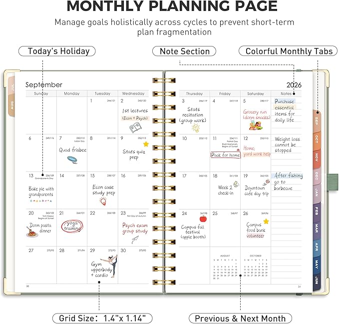 RETTACY Academic Planner 2026-2027, Weekly and Monthly, July 2026 - June 2027, Medium Size (5.7" x 8.3"), Calendar, Agenda, 12-Month Tabs, Hardcover, for Student, Teacher, School (Light Green)