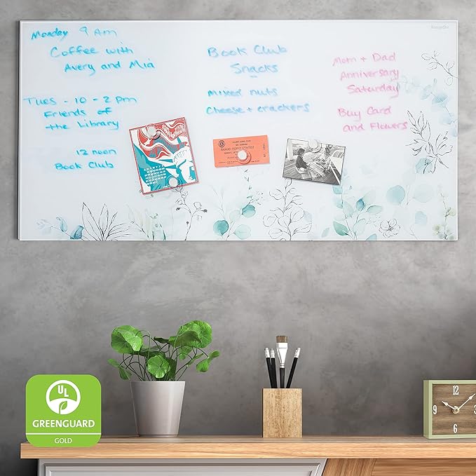 ECR4Kids MessageStor Dry-Erase Glass Board and Magnets, Office Essentials, Botanical
