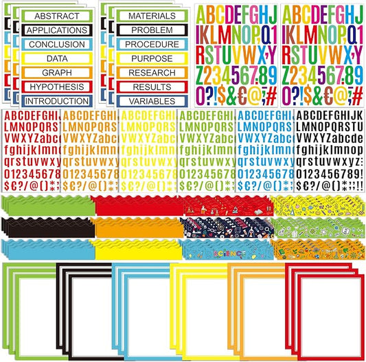 Sinload 92 Pcs Science Fair Board Supplies 60 Trim Scalloped Poster Boards 18 Presentation Subtitles 6 Project Titles 8 Letter Sticker for Classroom Display Boards(Multicolor,Science Lab)