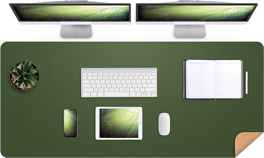 AFIING Leather Desk Pad Protector, Large Desk Mat with Natural Cork & PU Leather, Mouse Pad, Non-Slip, Waterproof Desk Writing Pad for Office and Home, Military Green