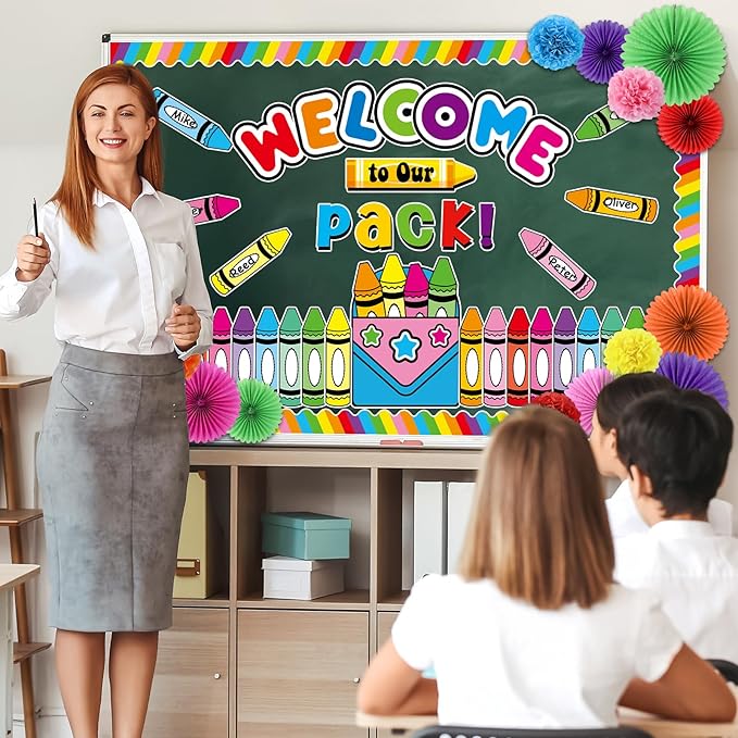 Justforjoyful Welcome to Our Pack Bulletin Board Decorations with 3D Tissue Paper Flowers Paper Fan Back to School Crayon Classroom Bulletin Board Border Set Colorful Crayon Name Tags School Supplies