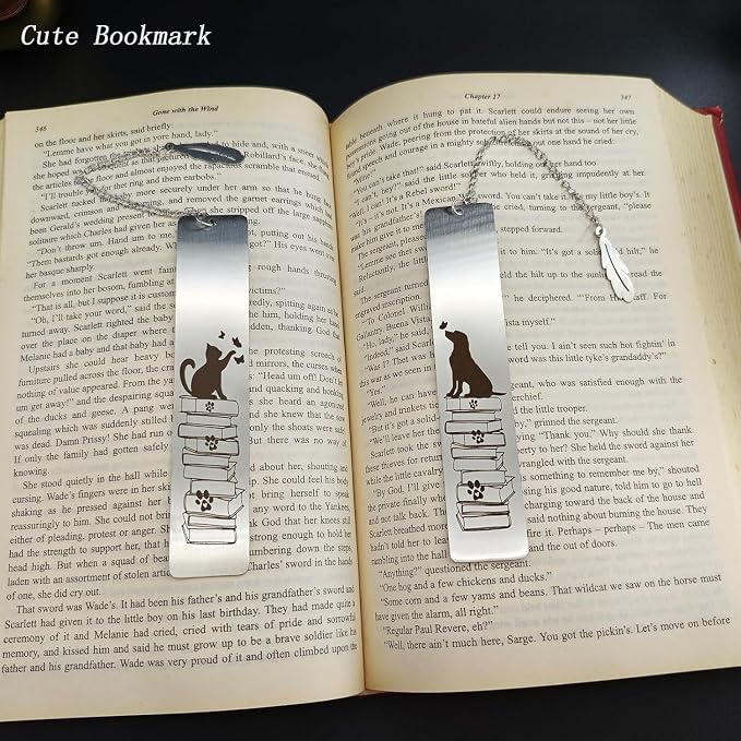 Cat Bookmark for Book Lovers, Gifts for Women Men - Stainless Steel Metal Book Mark with Feather Charm & Gift Box for Cat Mom, Readers, Friends, Christmas & Birthdays