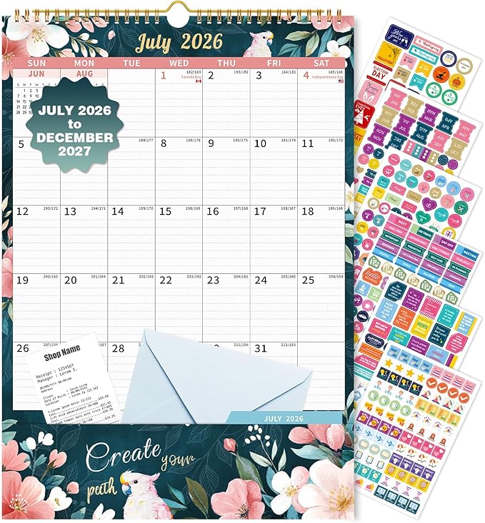Ospelelf Wall Calendar 2026-2027 with Storage Pockets, 17" X 12" Monthly Large Planner Pad with Protective Cover and Stickers, for Family Fridge Office Teacher Student, Use July 2026 to December 2027 Retro
