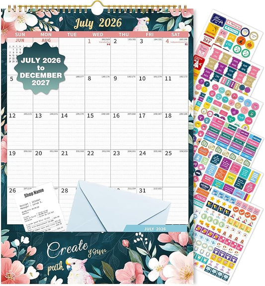 Ospelelf Wall Calendar 2026-2027 with Storage Pockets, 17" X 12" Monthly Large Planner Pad with Protective Cover and Stickers, for Family Fridge Office Teacher Student, Use July 2026 to December 2027 Retro