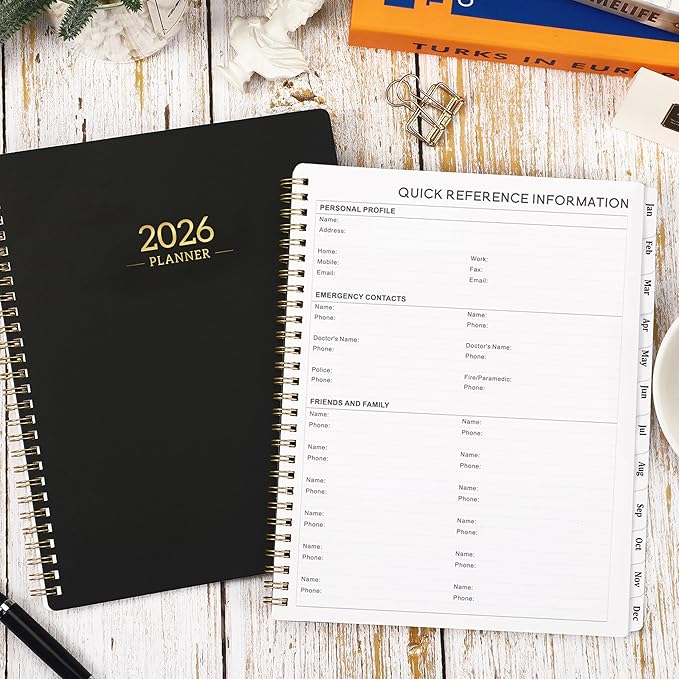2026 Planner - Calendar/Planner 2026 Weekly and Monthly with Tabs, 8" x 10", Jan. 2026 - Dec. 2026, Flexible Cover + Twin-Wire Binding + Calendars, Daily Organizer - Black