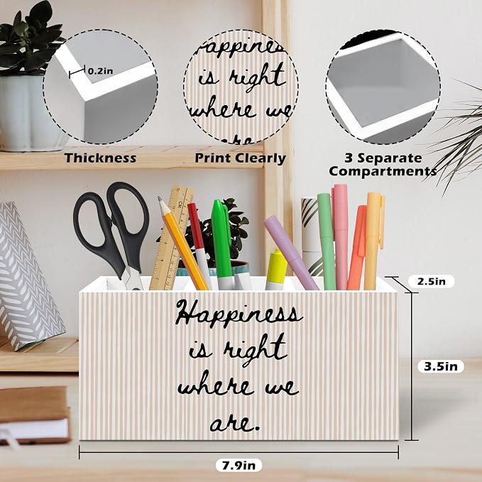 Motivational Pen Holder, Inspirational Office Pen Pencil Holder Organizer for Desk Accessories, Happiness Is Right Where We Are Striped Wooden Box Desk Decor for Home Office Desk Decorations
