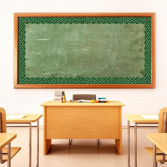 Whaline 69 Ft St. Patrick's Day Glitter Bulletin Board Borders 5 Designs Shine Green Shamrock Clover Stripe Dot Border Trim Bulletin Board Stickers for Classroom Office Irish Party Decor