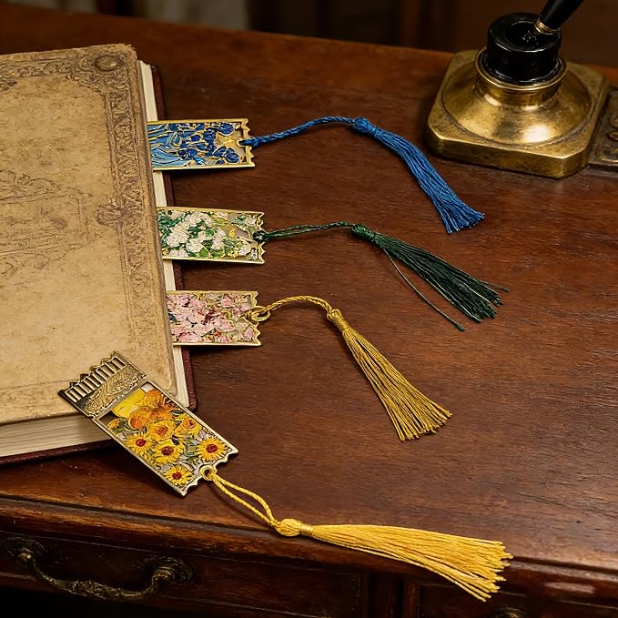 4 Pack Metal Bookmarks with Tassel, Oil Painting Style Decorative Bookmarks, Reading Page Markers for Book Lovers, Readers, Writers, Students, Adults, Men & Women