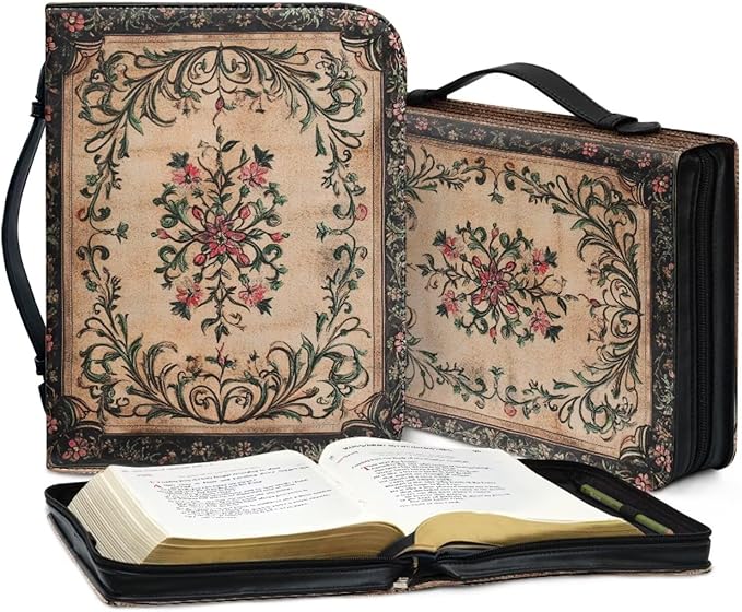 Classics Bible Case for Women Vintage Bible Cover Bags Floral Pattern with Handle Bible Cover Bag Bible Study Supplies Accessories Christian Gifts for Women-Size：XL