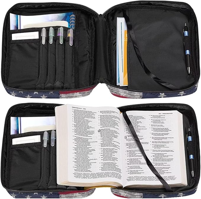 Suobstales 3D Deer American Flag Print Bible Covers for Women Men Bible Case Bible Bag and Tote Bible Accessories with Handle and Zippered Pocket Carrying Book Case