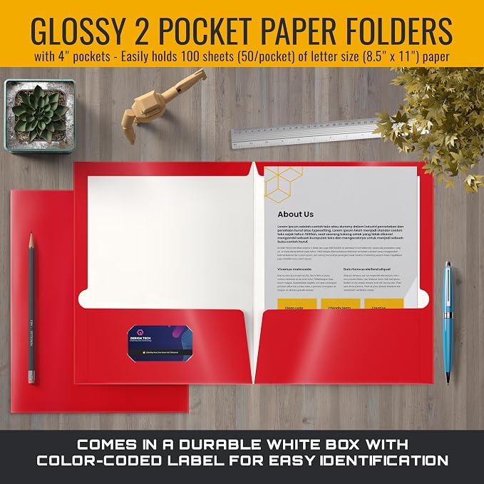 Better Office Products 2 Pocket Glossy Laminated RED Paper Folders, Letter Size, Paper Portfolios Box of 25 Red Folders