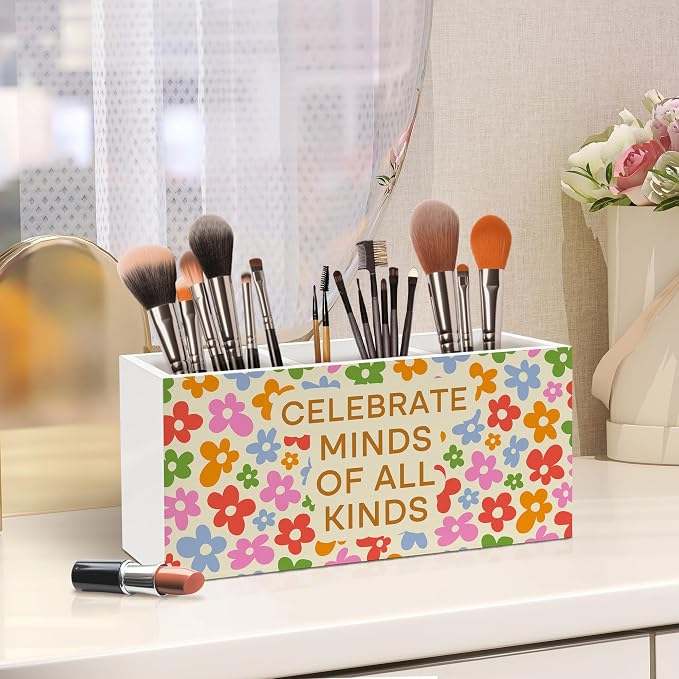 Retro Mental Health Floral Pen Holder, Therapy Office Pen Pencil Holder Organizer for Desk Accessories, Teacher Appreciation Gifts Wooden Box Desk Decor for Office Classroom Desk Decorations