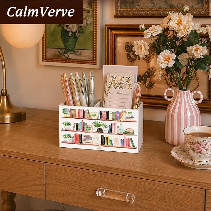 Book Lover Cat Pen Pencil Holder for Desk, Book Lover Reader Bookish Gifts, Retro Whimsical Bookshelf Cat Pencil Holders Wooden Box Organizer for Home Library Reading Room Desk Tabletop