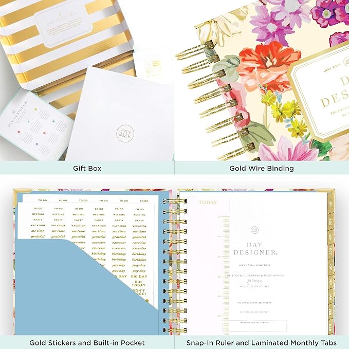 Day Designer 2026-2027 Daily Academic Year Planner Calendar, July 2026 - June 2027, 7.4" x 9.5", Glossy Laminated Cover, Wirebound, Laminated Tabs, Storage Pocket, Includes Stickers & Snap-In Ruler, Oh So Lovely