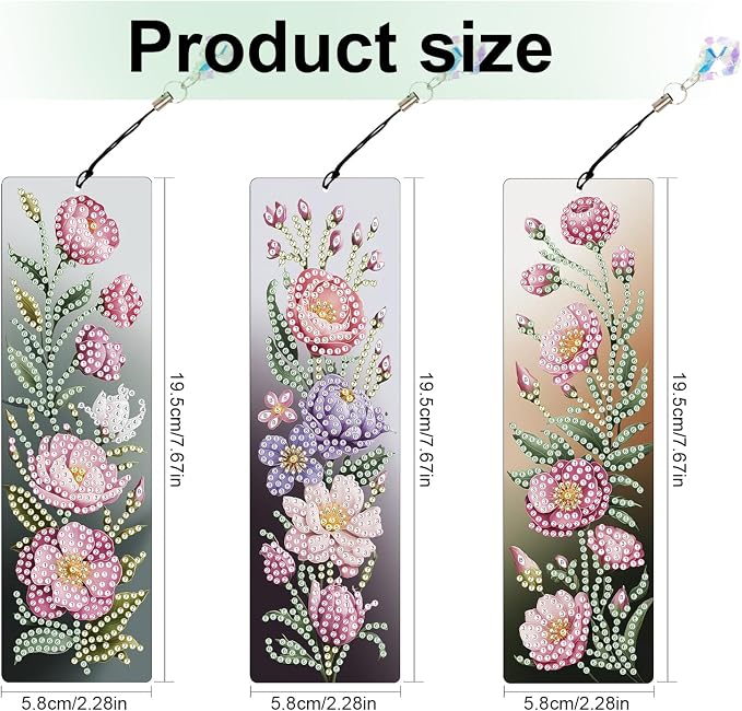 Tontut 3pcs Diamond Art Painting Kit Bookmarks, Pink Flower Exquisite Universal DIY Bookmarks, Lightweight and Durable, Suitable for Reading Lovers