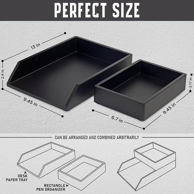 Demigo Desk Organizer Letter Tray Set of 2, Acacia Wood Tabletop Desktop for Storage Paper Letter Folders Notebooks Copy Print, Workspace Holder, Keep Stationery Saver (Black)