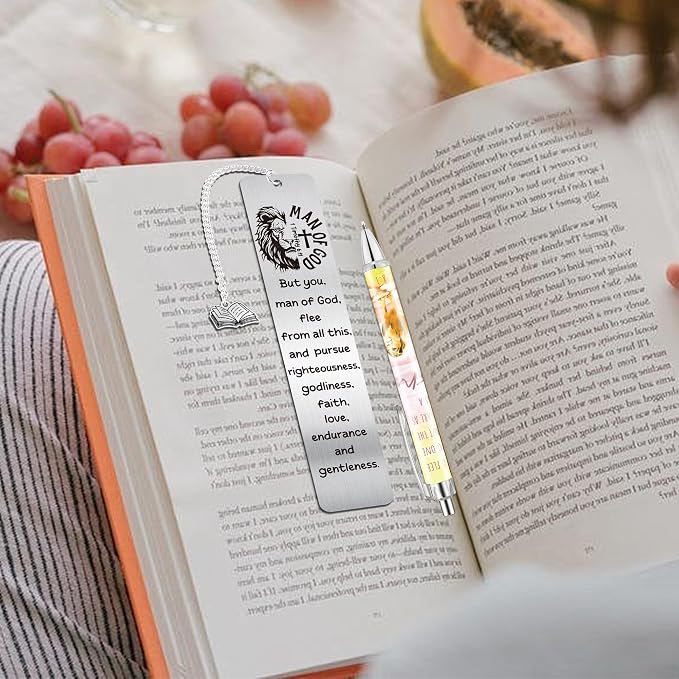 Christian Man of God Bible Bookmark with NFC, Metal Inspirational Faith Book Mark and Pen Set, Religious Book Marker for Reading Men, Catholic Gifts for Pastor Father Teacher School Office Supplies