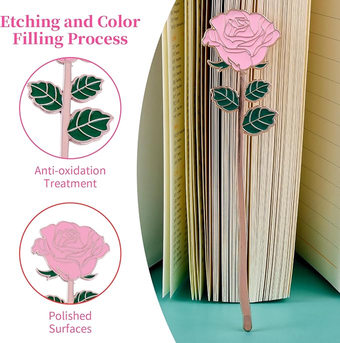 simarro Metal Rose Bookmark, Flower Book Page Holder for Reading Lovers, Cute Bookmarks Gift for Teacher Appreciation Gifts Valentine Mother's Day Thanksgiving Gift for Women Girls(Pink)