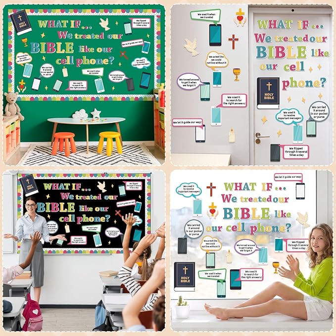 Religious Bible Bulletin Board Set Jesus Sunday School Classroom Decoration Christian Cell Phone Bulletin Board Inspirational Religious Bible Cell Phone Cutouts for VBS Church Chalkboard Wall Decor