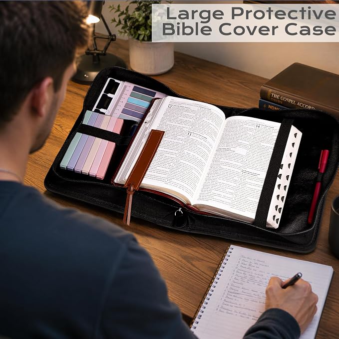 XKDOUS 20 Pcs Leather Bible Cover Case Kit Men's Bible Bag with Tabs, Pens, Study Supplies Portable Carrier Church Book Holder Christian Gift Father Day for Dad, Mom, Men, Women