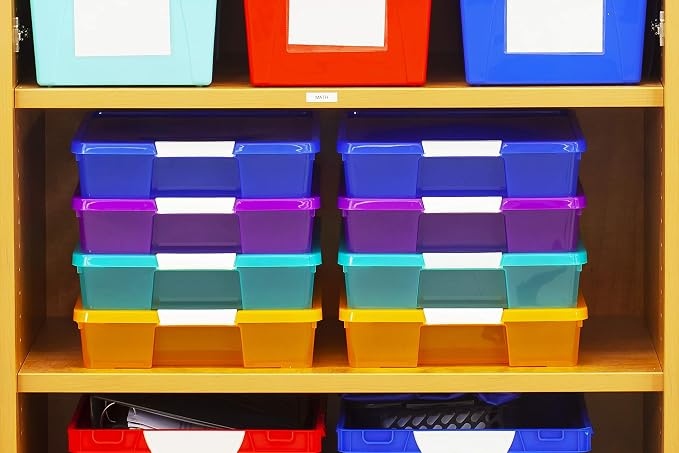 Storex Classroom Craft Project Box – Stacking Plastic Organizer Fits 12x12 Scrapbooking Paper, Red, 5-Pack (63204U05C)