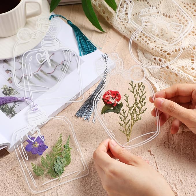 TaoBary 161 Pcs DIY Transparent Dried Flower Bookmark Set Include Clear Bookmarks Dried Flowers Colorful Tassels and Tweezer Handmade Dried Floral Bookmark for Reader Book Bottle(Delicate)