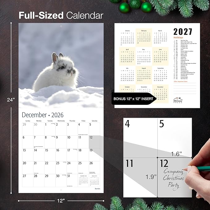 MICASA PRESS Bunnies 2026 Wall Calendar 12 Month | 12” x 24” Open | Thick & Sturdy Paper |Giftable | Cute Rabbit Animal Kids Calendar 2026