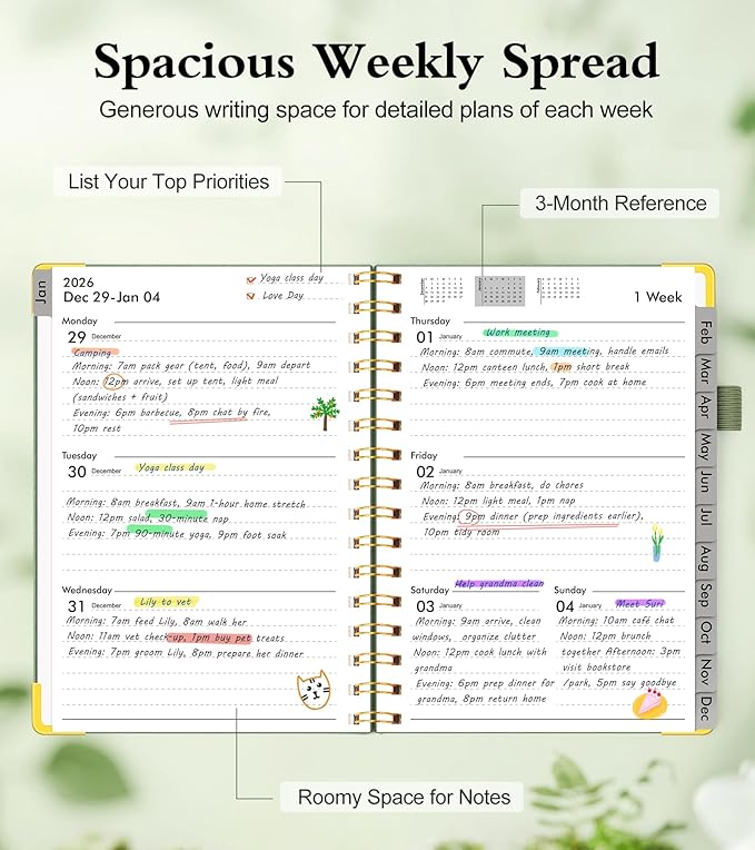 2026 Planner, Hardcover Leather Weekly and Monthly Planner, January 2026 - December 2026, Spiral Yearly Agenda Organizer Book 2026 with Tabs, Daily Calendar Planners for School Work Home, A5 (5.75" x 8.38"), Green