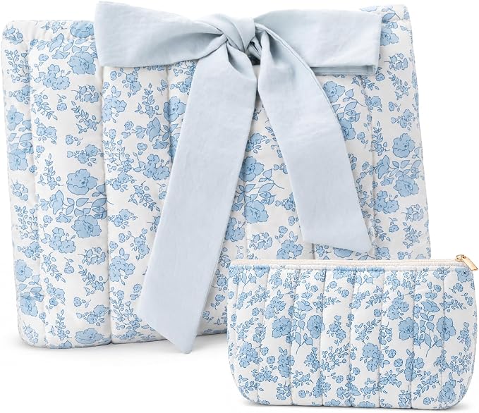 XKDOUS Quilted Cotton Bible Case for Girls and Women, Machine Washable Bible Book Cover with Large Capacity Pen Bag, Soft Cute Bible Carrying Bag with Bow Fits Most Standard Bibles, Blue Blossom