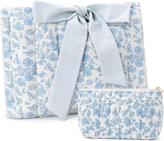 XKDOUS Quilted Cotton Bible Case for Girls and Women, Machine Washable Bible Book Cover with Large Capacity Pen Bag, Soft Cute Bible Carrying Bag with Bow Fits Most Standard Bibles, Blue Blossom