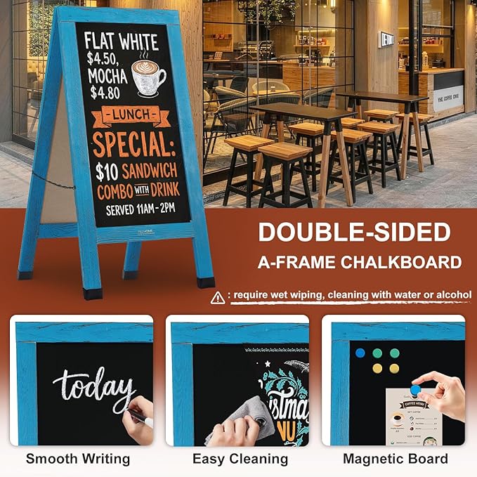 Wood Magnetic A-Frame Chalkboard Signs, 40" x 20" Large Sandwich Board Signs Outdoor, Double-Sided Sidewalk Blackboard for Business, Wedding, Vendor Display, Coffee Shope -Blue