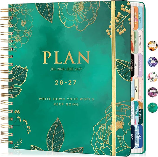 CAGIE 18 Month Planner July 2026 - December 2027, Academic Year Weekly & Monthly Planner with Tabs, 8.3 x 9.3 Floral Hardcover Organizer with 100GSM Thick Paper and Elastic Band for Women School Office