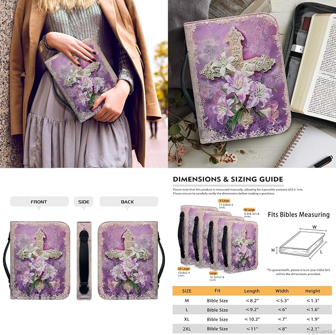 Lotusorchid Cross Lily Bible Cover with 2 Book Marks, Purple 2XL Bible Case and Carrying Bag for Women's Bible Study Accessories