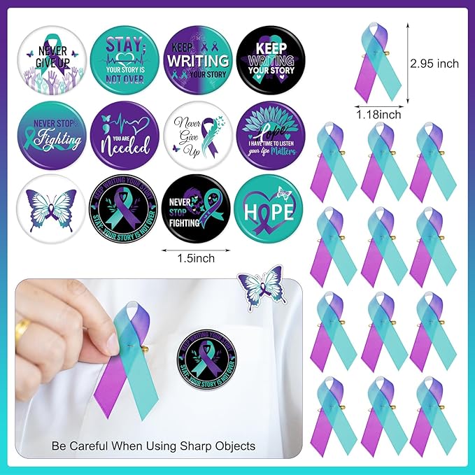 122 Pcs Ribbons Awareness Accessories Includes Ribbons Bracelets Stickers Pins Pens Keychain for School Charity Fundraiser Public Activities Supplies(Suicide Prevention,Teal Purple)