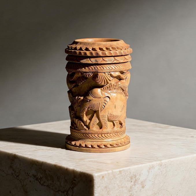 Craft Trade Hand Carved Wooden Pen Holder Desk Organizer, Elephant Design Pencil Holder Cup for Office Home School, Wooden Stationery Storage Box, Desk Decor, Camel Brown