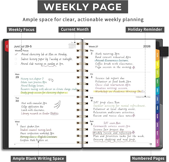 EMSHOI Academic Planner 2026-2027, Weekly and Monthly Calendar (July 2026 - June 2027), School Student Teacher Agenda Book, 100GSM Paper, PVC Cover, Colorful Tabs, A5 (6.38" x 8.35"), Black