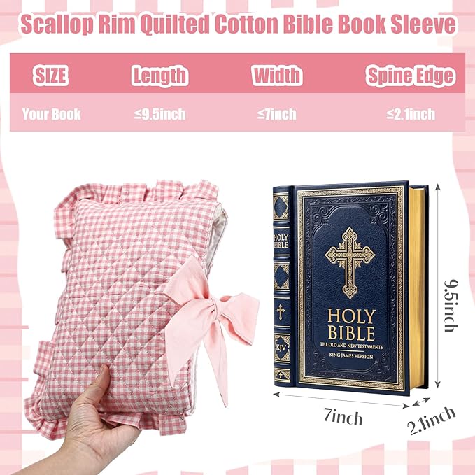 Honoson Quilted Bow Bible Sleeve Cover Case Padded Protector Washable Bible Bag Pouch Christian Gift for Women Girls Book Lover Gifts(Pink Gingham)