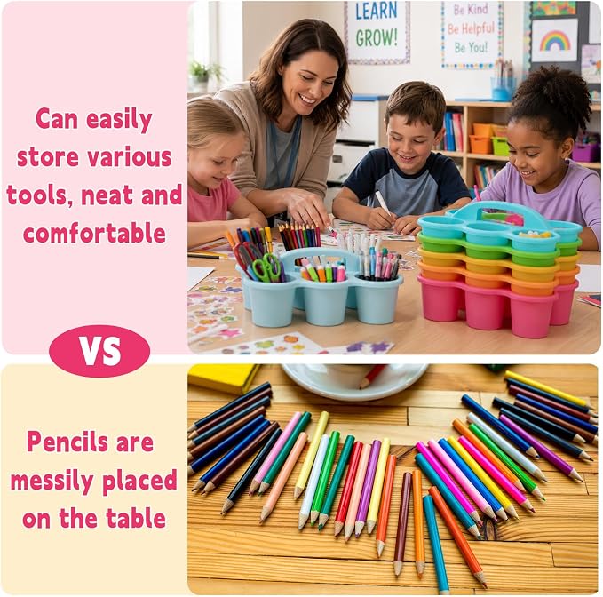 Plastic Caddy with Handle Set of 6 Classroom Caddy Organizer Cup Caddies Water Bottle Storage Crayon Caddies Plastic Cup Holder Drink Carrier for School Home Office Supplies (Pastel)