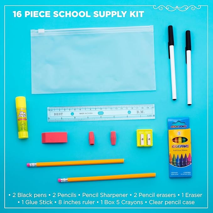 16 Piece Bulk School Supplies Kits - Pens, Pencils, Crayons, and More - Value Pack of 48 Kits - Essential Box of School Supplies for Elementary, Middle, and High School Students