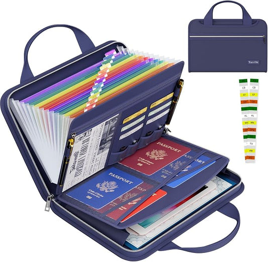Tamfile Fireproof Accordion File Organizer with Handle, 13 Pocket Colorful Expanding File Folder with Zipper & Labels, File Folder with Multi-Pockets Paper Organizer Folder for Letter A4 Files (Blue)