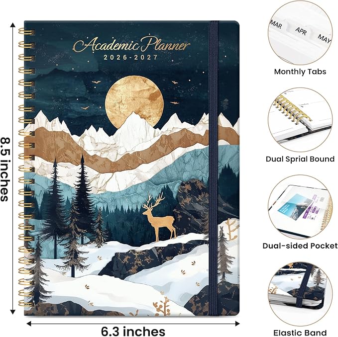 Planner 2026–2027, Academic Planner Weekly and Monthly Calendar Jul 2026 – Jun 2027 Hardcover Planner with Tabs and Pocket, Spiral Bound Agenda Book for Student & Teacher, 6.3" x 8.5", Moonlit Wilderness